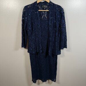 Alex Evenings Dress Jacket Size 8 Petite Navy Blue Sequin Lace Formal Wedding